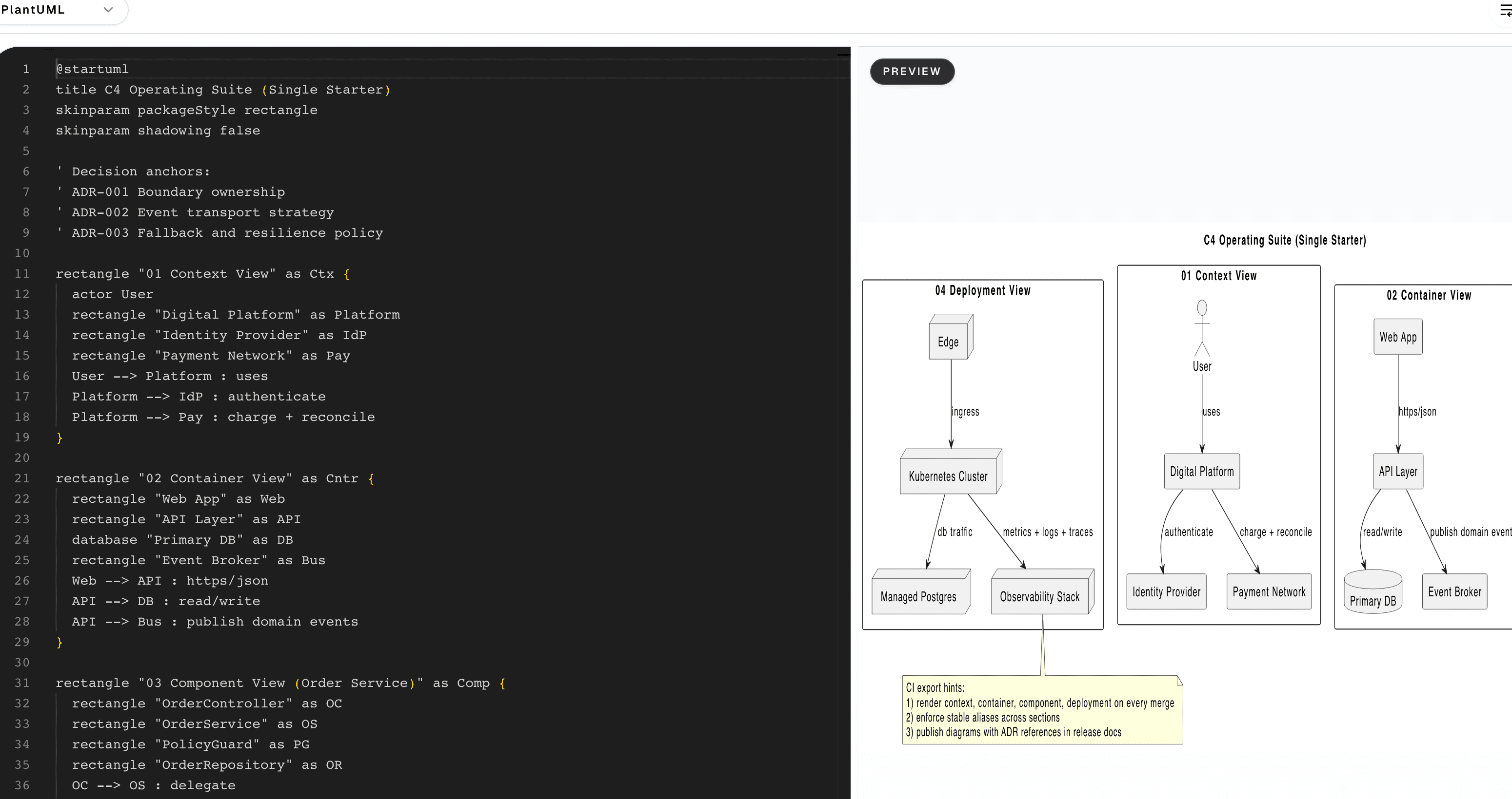 Automation studio showing PlantUML code beside a live preview